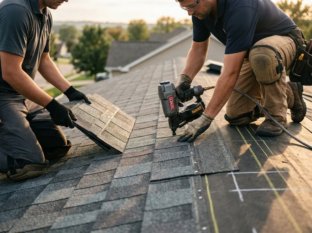 Professional roofer working on a residential roof in Tonawanda